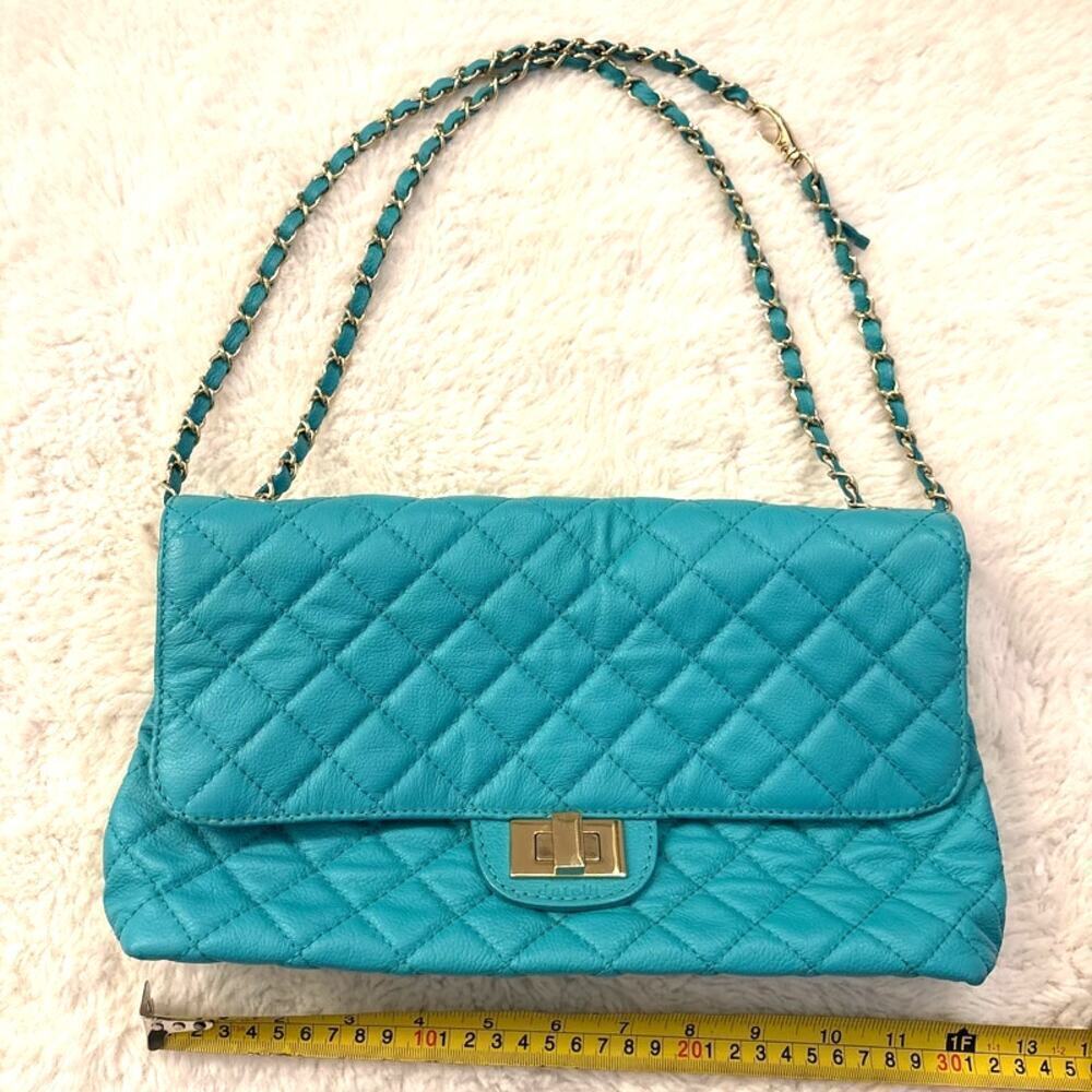 Leather Exterior Quilted Gold-Tone Turn Lock and Chain Shoulder Turquoise Bag - Picture 7 of 8